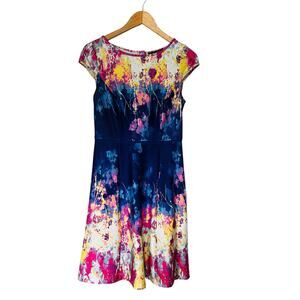 Adrianna Papell Printed Cap Sleeve Fit And Flare Dress Size 4 Petite Multicolor